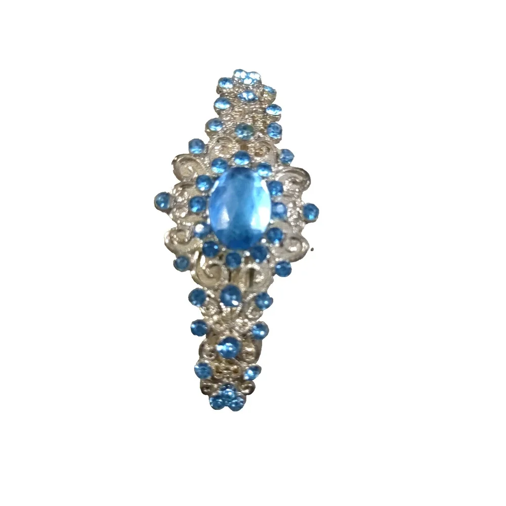 Light Blue Rhinestone Silver Tone Hair Barrette Tension Clip Elegant Feminine